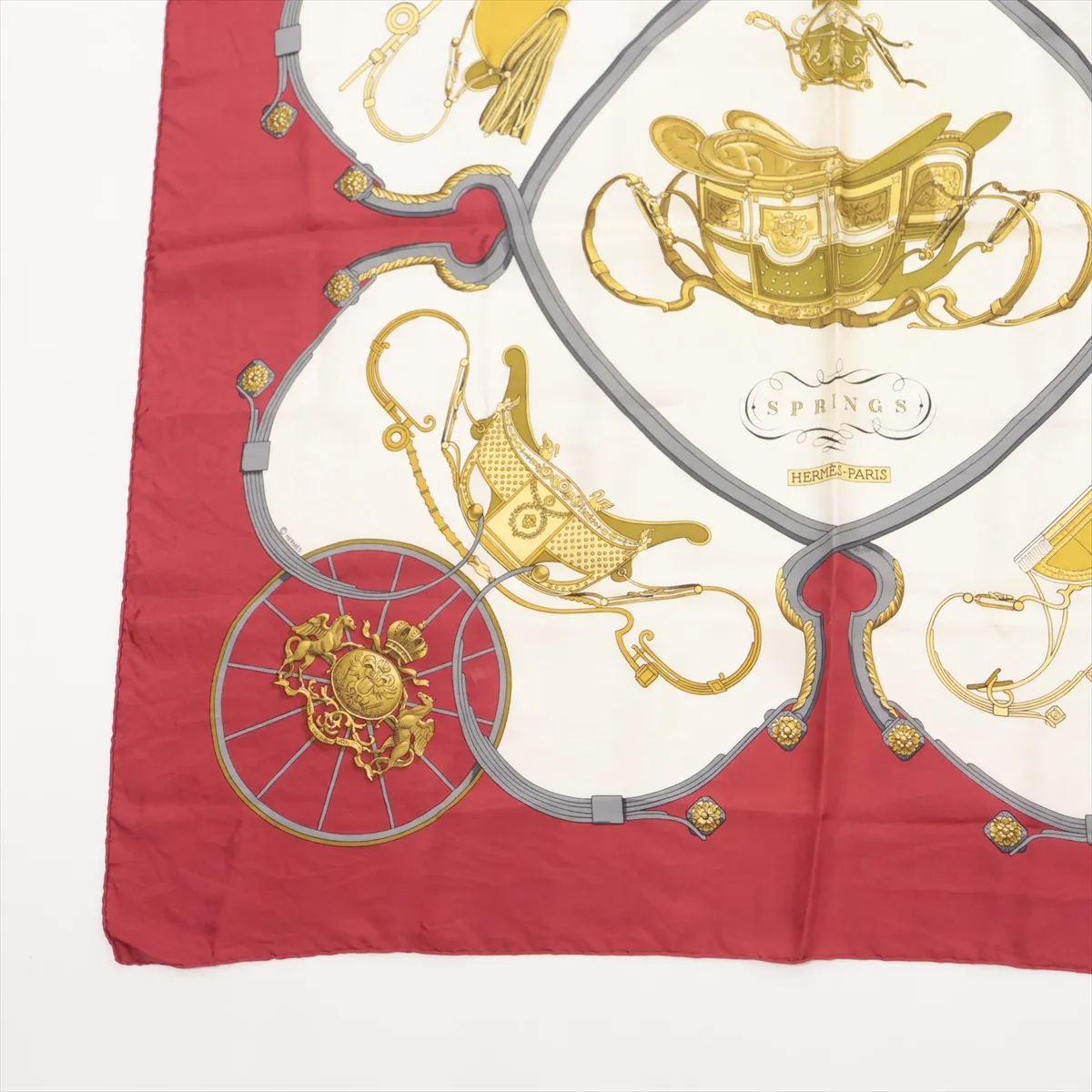 Carre 90 Springs scarf, silk, burgundy. Shows signs of wear, — view 5