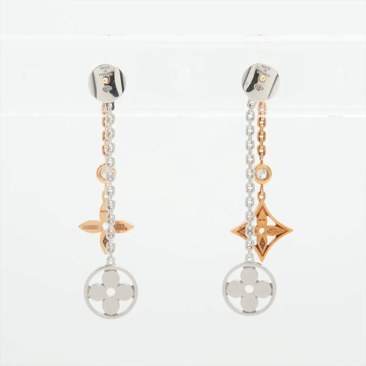 Boucles d'Oreilles Monogram Idylle Double Chain Diamond Earrings 750 (YG x PG x WG) 6.6g A04666 No brand engraving on the catch. No metal purity marking on the catch. — view 2