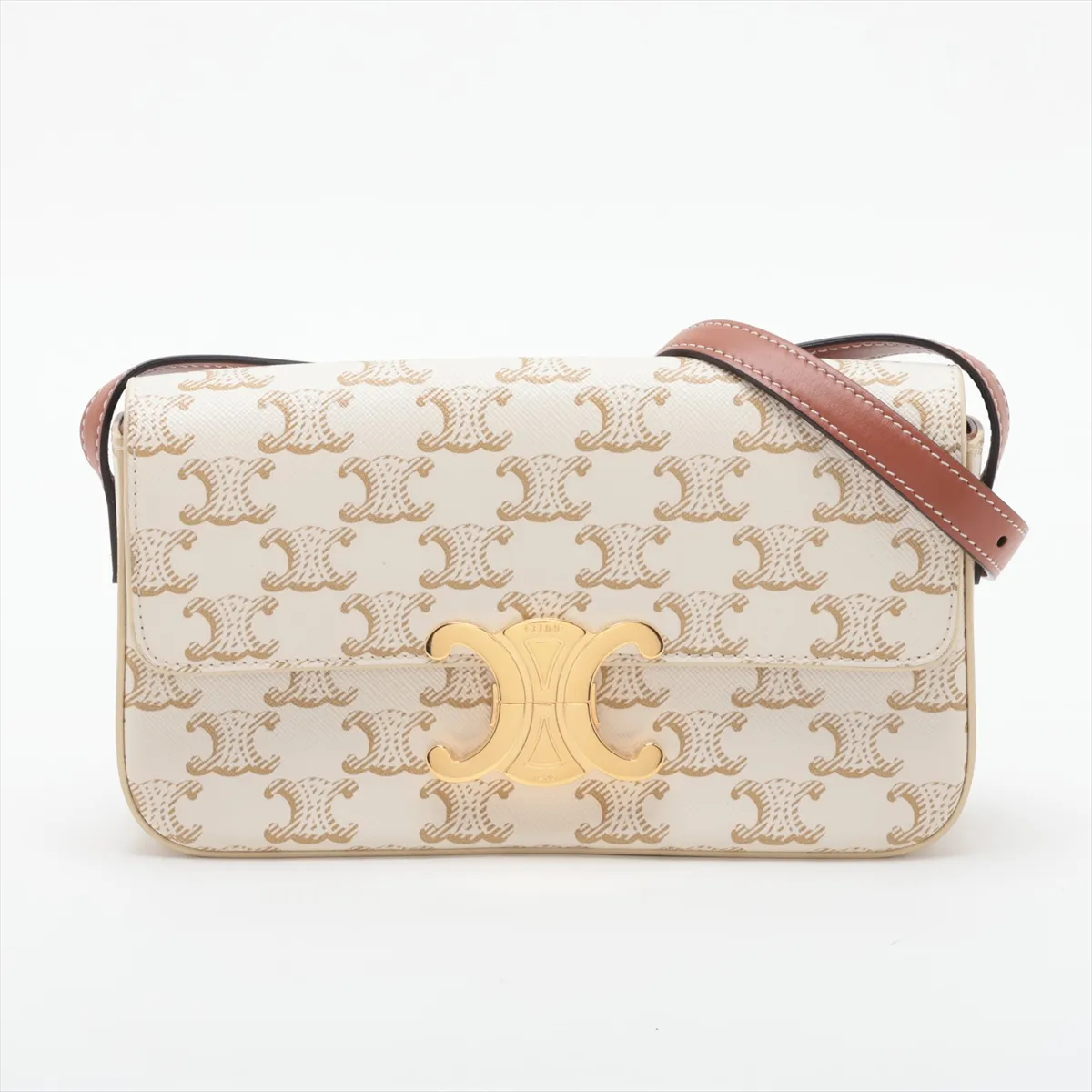 Triomphe Claude PVC x Leather Shoulder Bag, White x Brown