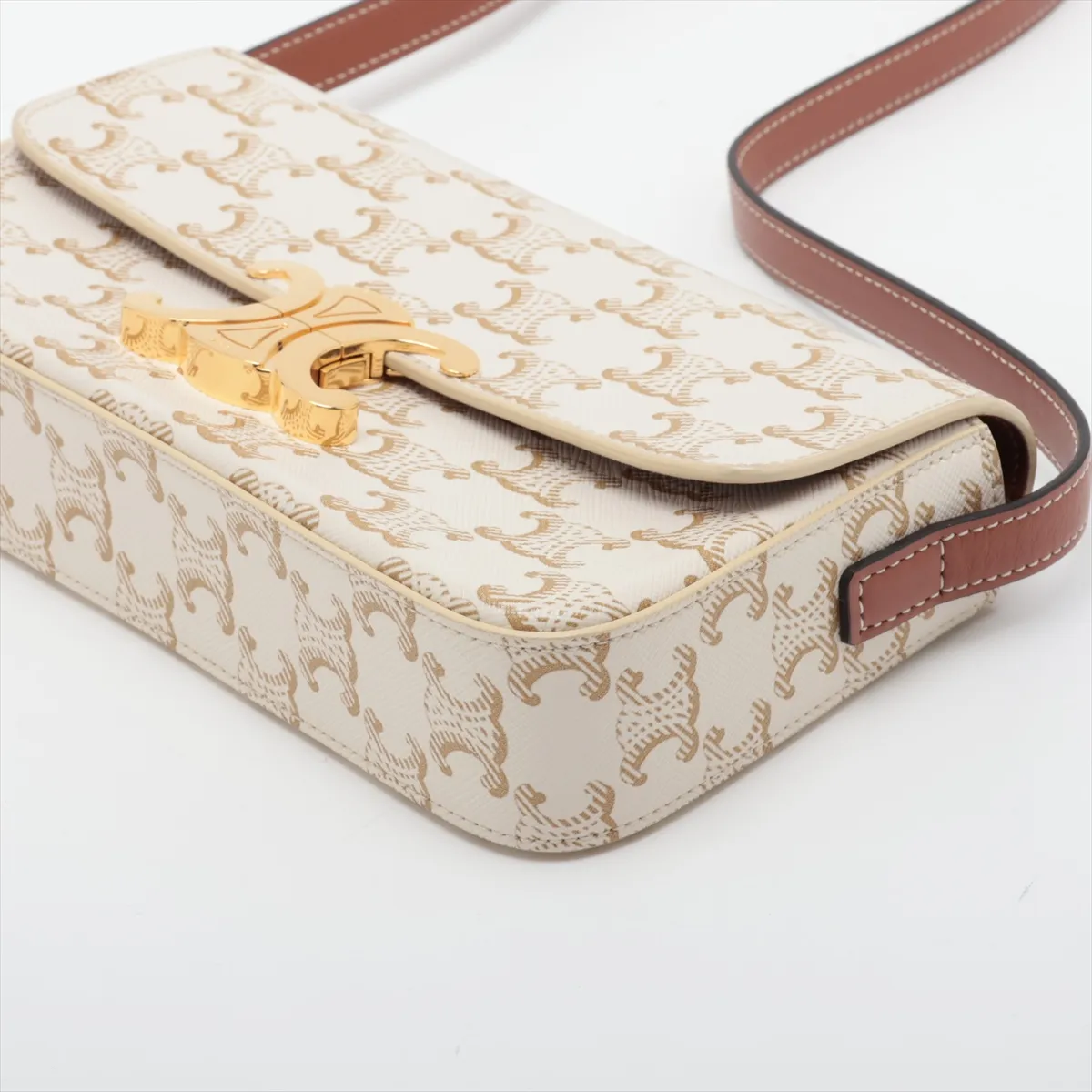 Triomphe Claude PVC x Leather Shoulder Bag, White x Brown — view 3