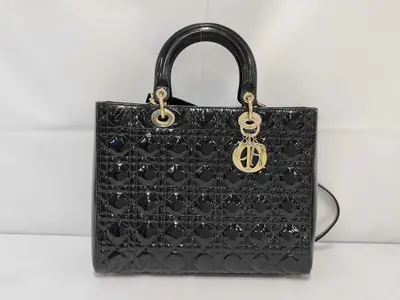 Lady Dior Large Enamel Black 2-Way Handbag