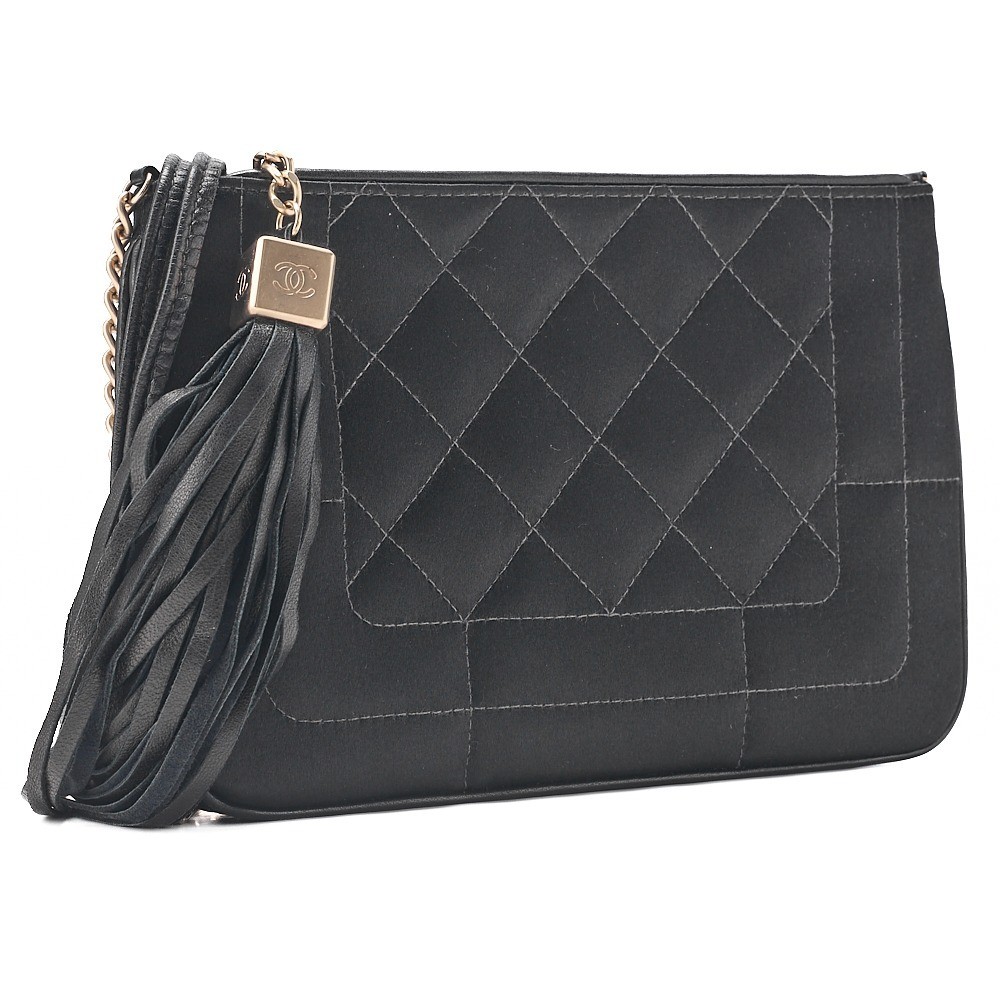 Satin and leather, Coco Mark, fringe, chain shoulder bag, black, gold hardware, 8 series. — view 3
