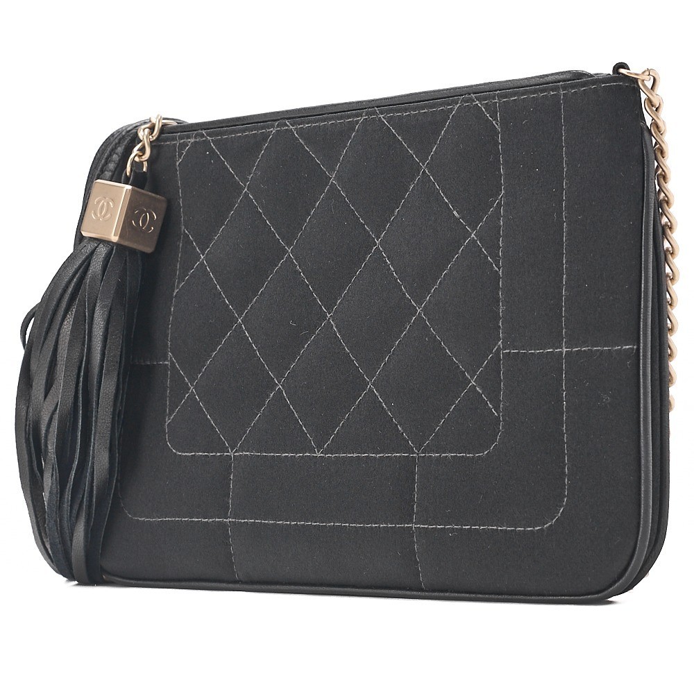 Satin and leather, Coco Mark, fringe, chain shoulder bag, black, gold hardware, 8 series. — view 4