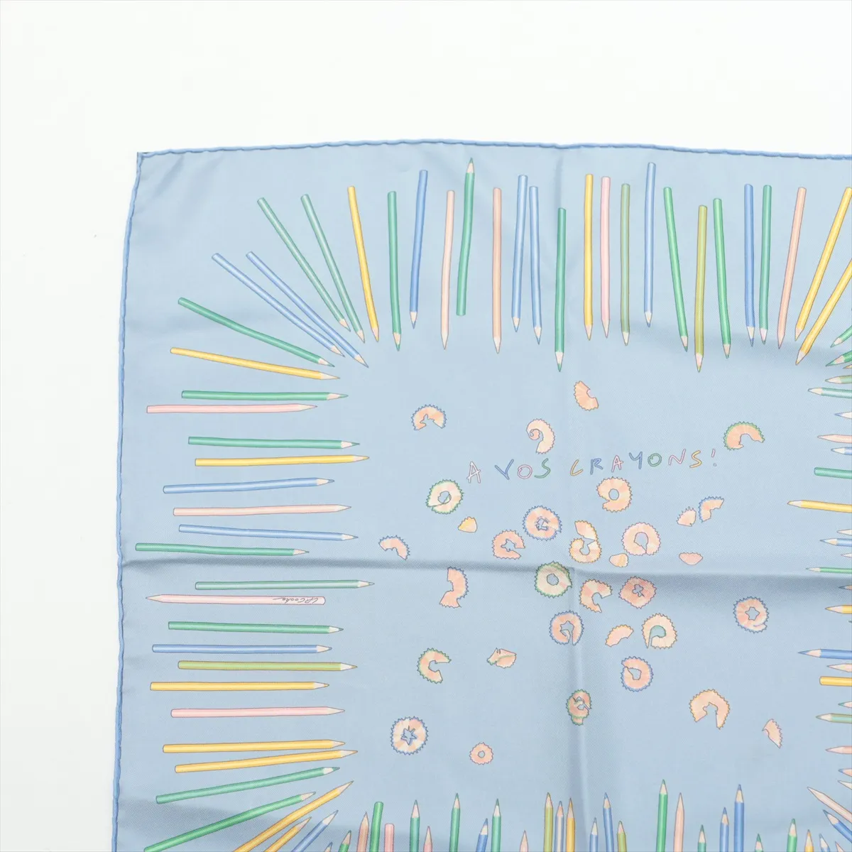 Carre 45 A VOS CRAYONS. Now, get out your colored pencils. Scarf, silk, light blue. Some wear, snags, and pilling. — view 2