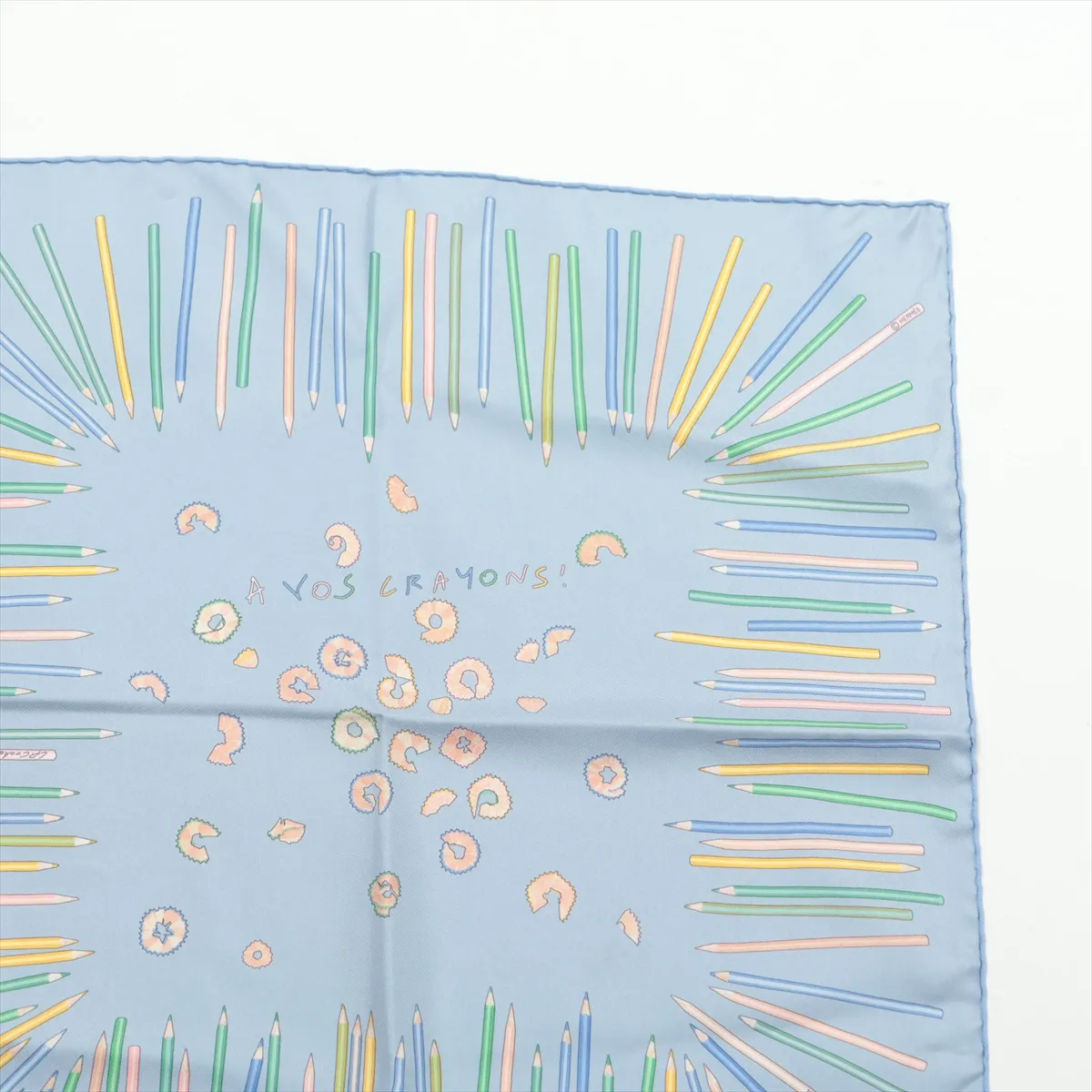 Carre 45 A VOS CRAYONS. Now, get out your colored pencils. Scarf, silk, light blue. Some wear, snags, and pilling. — view 3