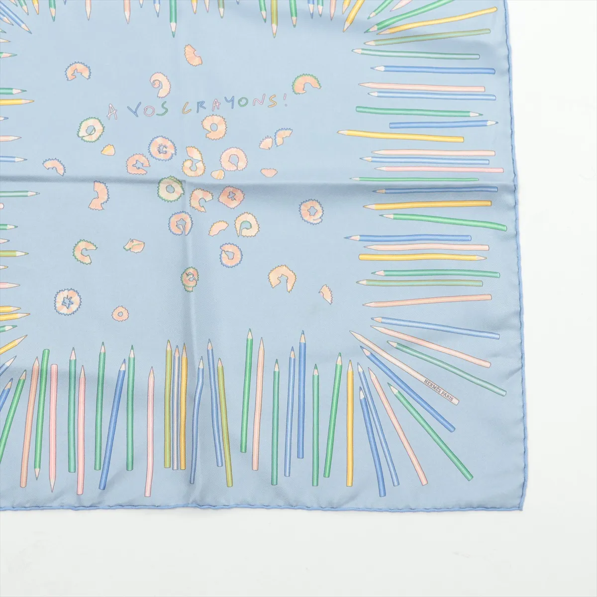 Carre 45 A VOS CRAYONS. Now, get out your colored pencils. Scarf, silk, light blue. Some wear, snags, and pilling. — view 4