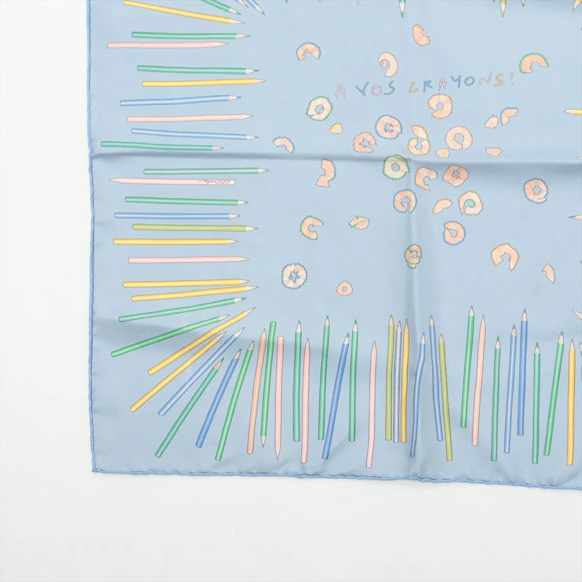 Carre 45 A VOS CRAYONS. Now, get out your colored pencils. Scarf, silk, light blue. Some wear, snags, and pilling. — view 5