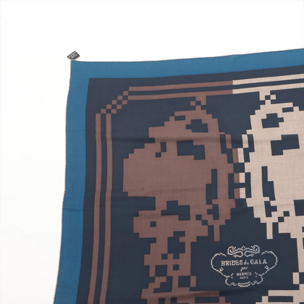 Carre H100 BRIDES DE GALA PIXEL scarf, cashmere x silk, navy. Shows signs of wear, including snags, — view 2