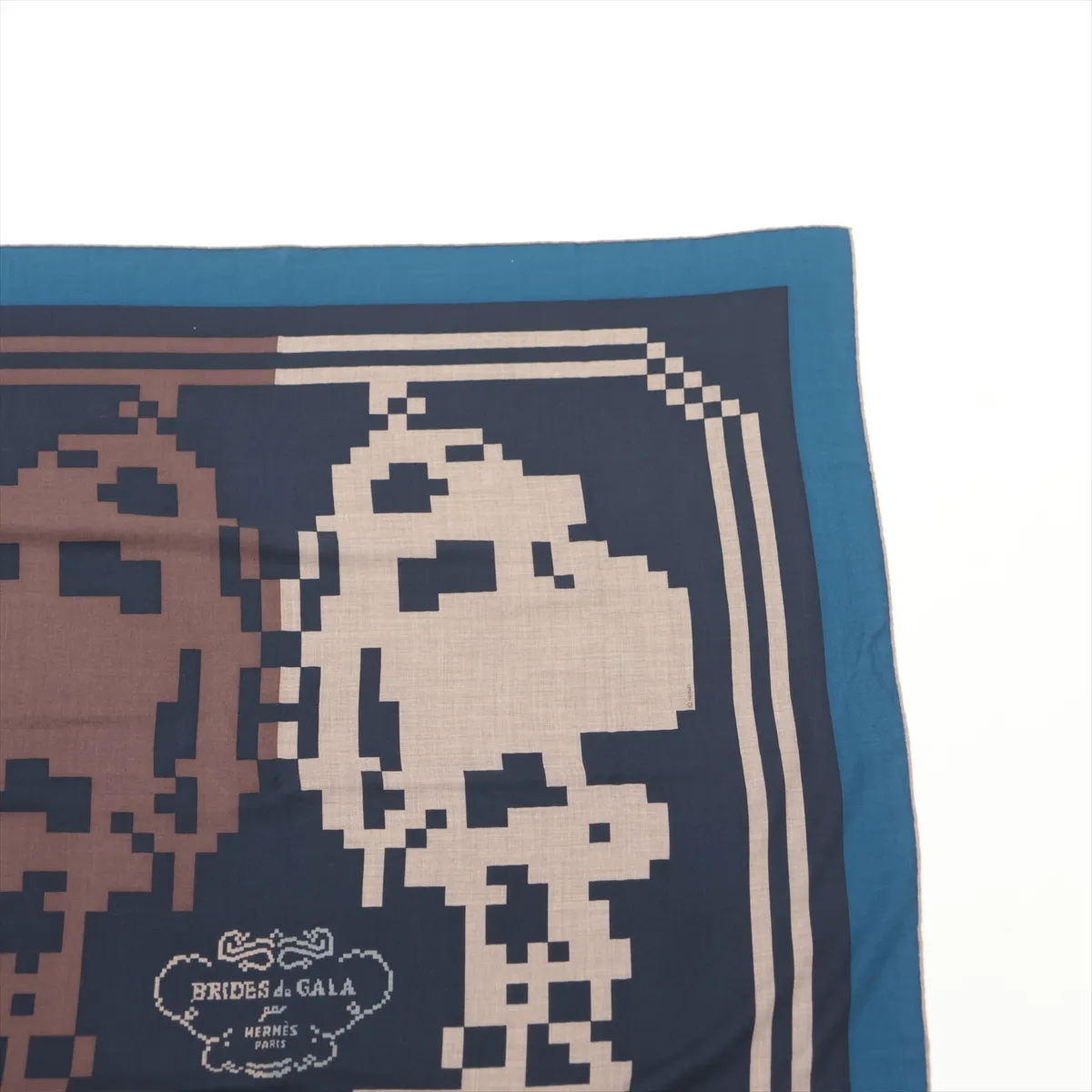 Carre H100 BRIDES DE GALA PIXEL scarf, cashmere x silk, navy. Shows signs of wear, including snags, — view 3