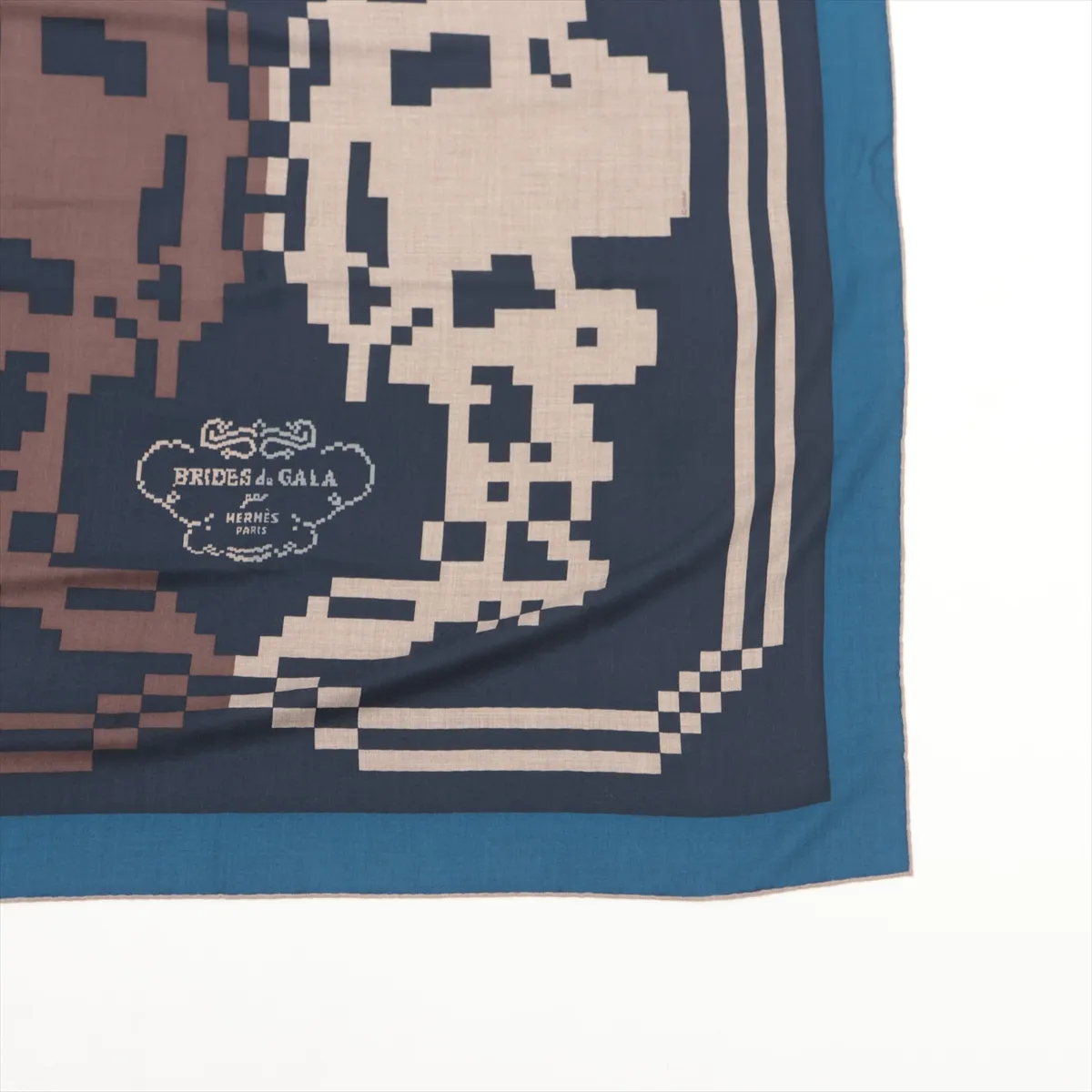 Carre H100 BRIDES DE GALA PIXEL scarf, cashmere x silk, navy. Shows signs of wear, including snags, — view 4
