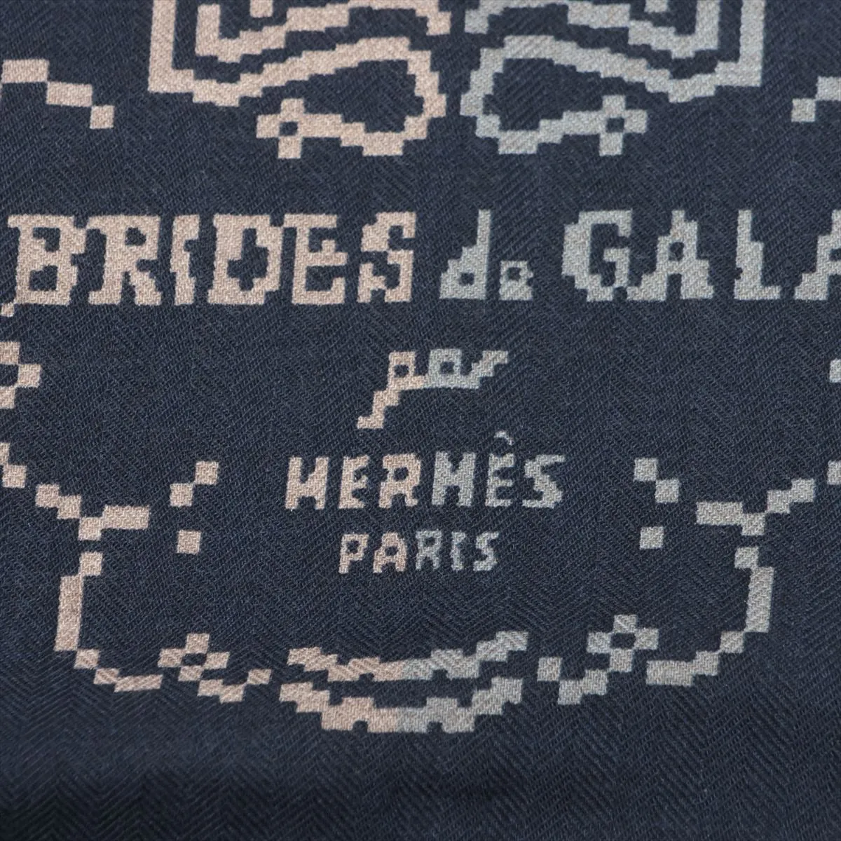 Carre H100 BRIDES DE GALA PIXEL scarf, cashmere x silk, navy. Shows signs of wear, including snags, — view 6