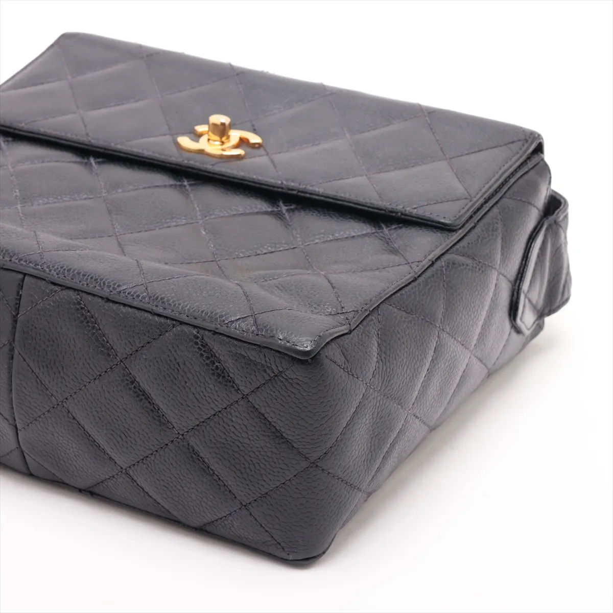 Matelassé Caviar Skin Shoulder Bag, Black with Gold Hardware — view 3