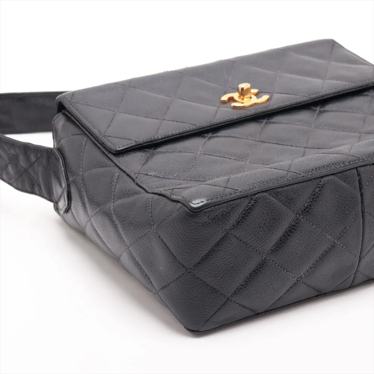 Matelassé Caviar Skin Shoulder Bag, Black with Gold Hardware — view 4