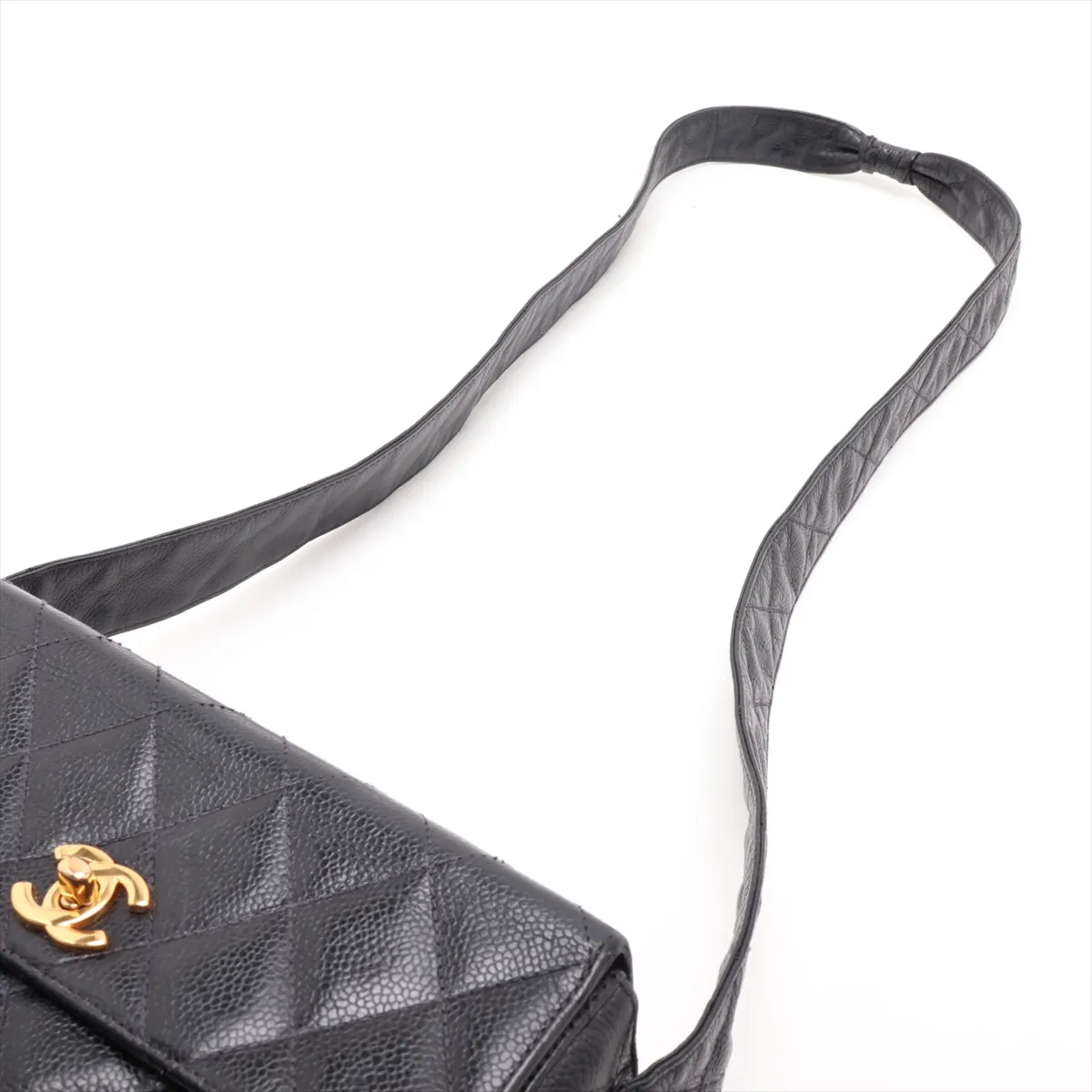 Matelassé Caviar Skin Shoulder Bag, Black with Gold Hardware — view 5