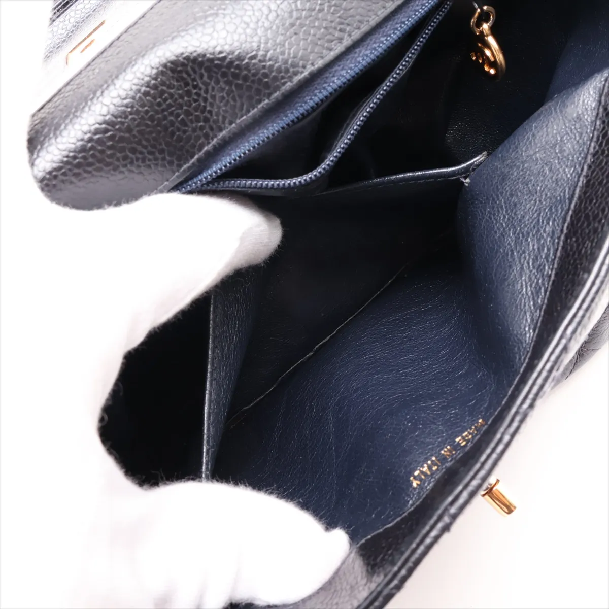 Matelassé Caviar Skin Shoulder Bag, Black with Gold Hardware — view 8