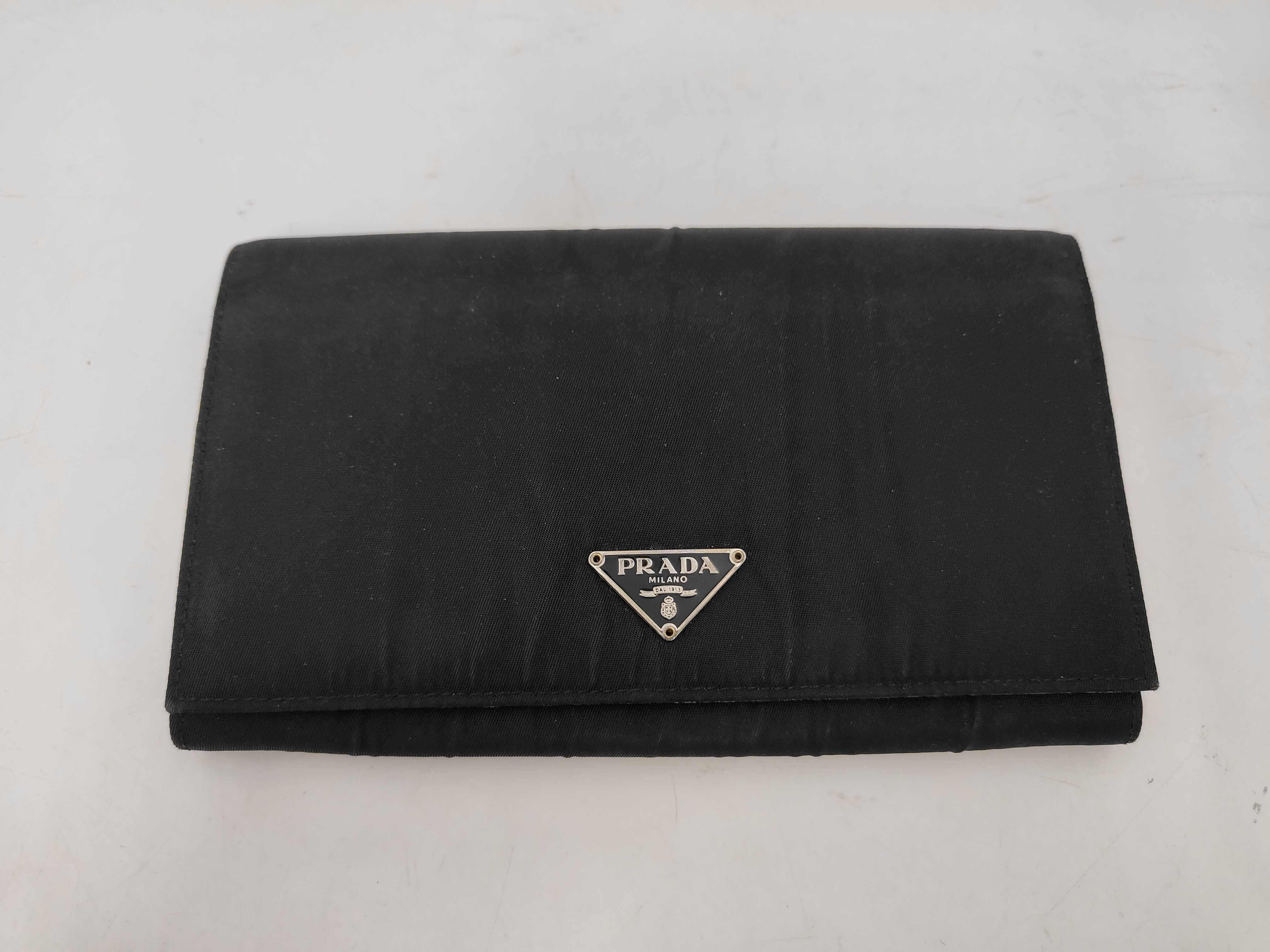 Nylon/Saffiano Triangle Logo Long Wallet, Black, Silver Hardware