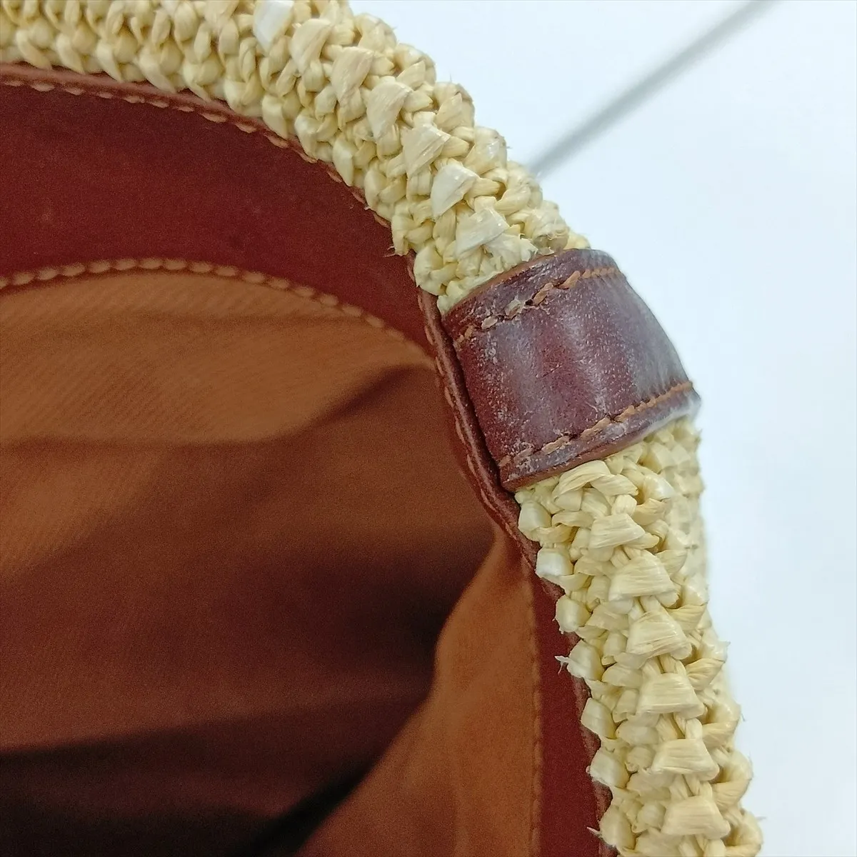 Raffia x Leather Tote Bag, Beige x Brown, 490793 — view 12