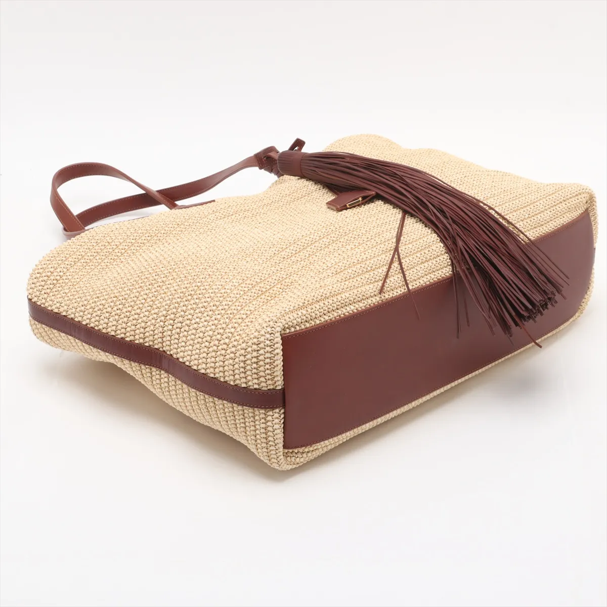 Raffia x Leather Tote Bag, Beige x Brown, 490793 — view 4