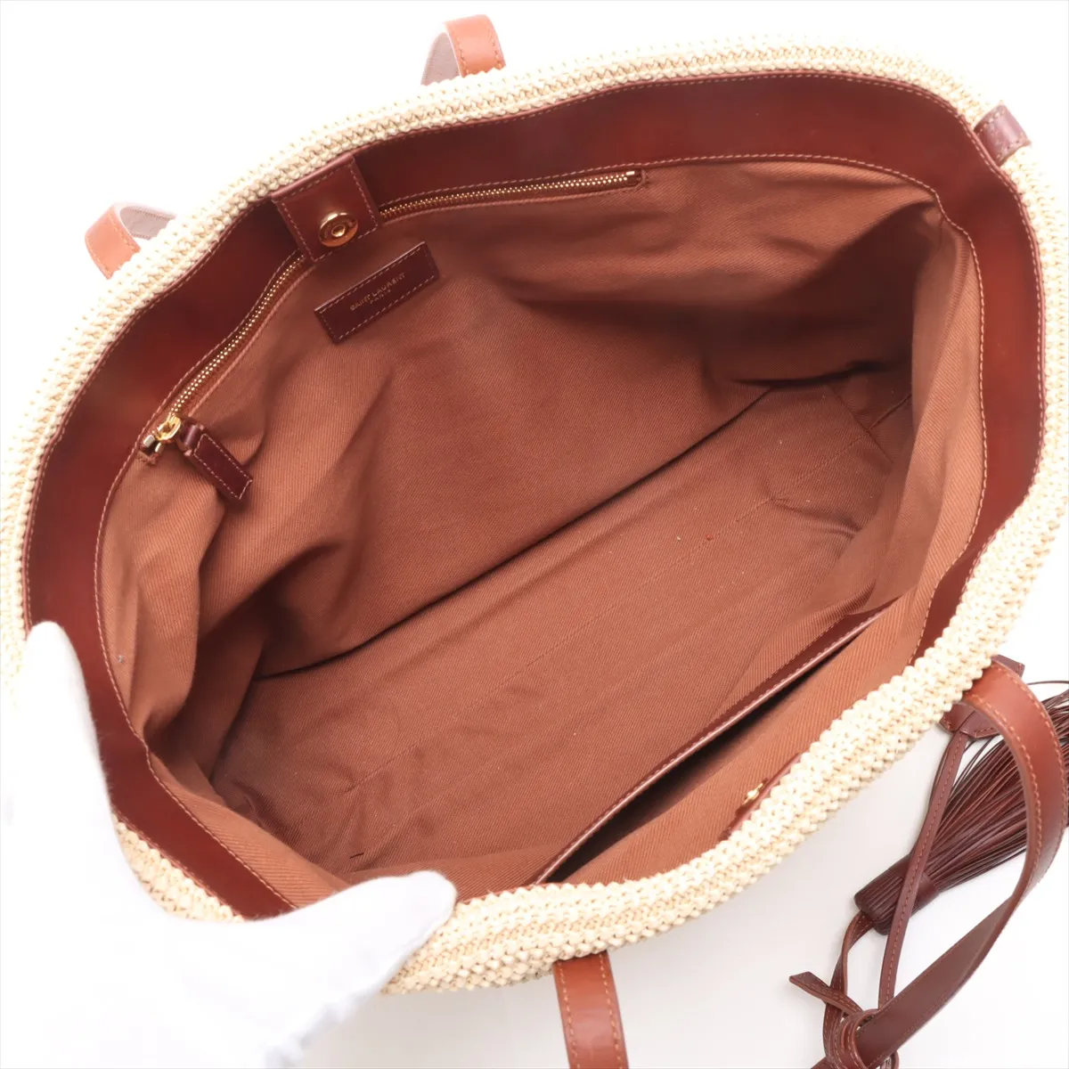 Raffia x Leather Tote Bag, Beige x Brown, 490793 — view 7