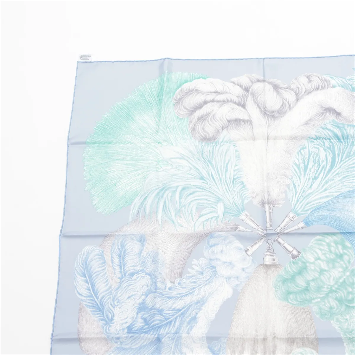 Carre 90 Plumets et Panaches (feathers and feather embellishments) scarf, silk, light blue, with sale stamp. Shows signs of wear, — view 2