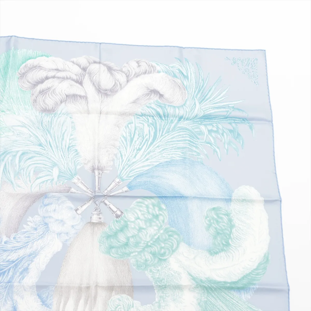 Carre 90 Plumets et Panaches (feathers and feather embellishments) scarf, silk, light blue, with sale stamp. Shows signs of wear, — view 3