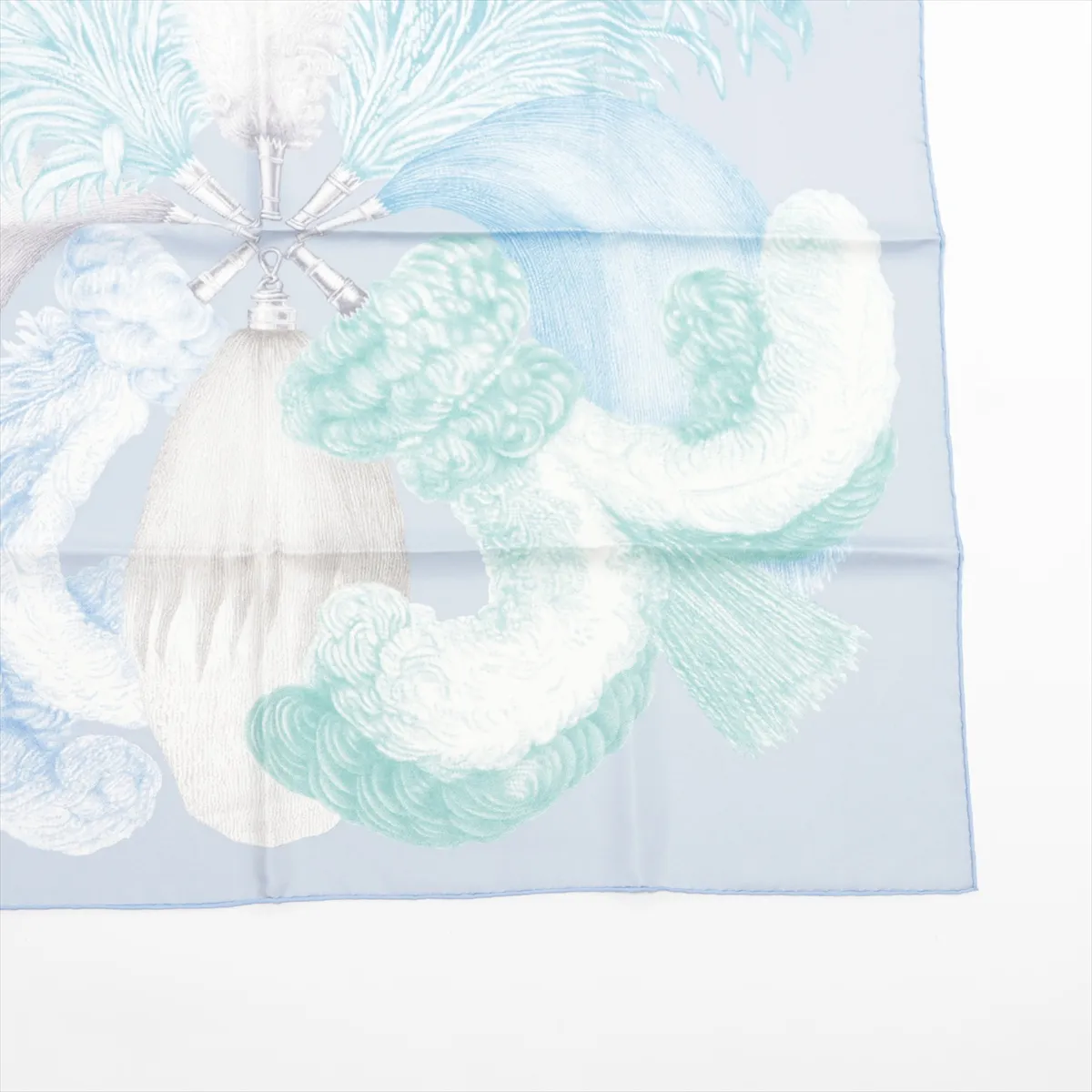 Carre 90 Plumets et Panaches (feathers and feather embellishments) scarf, silk, light blue, with sale stamp. Shows signs of wear, — view 4