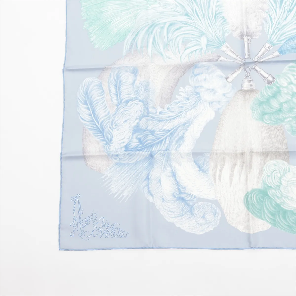 Carre 90 Plumets et Panaches (feathers and feather embellishments) scarf, silk, light blue, with sale stamp. Shows signs of wear, — view 5