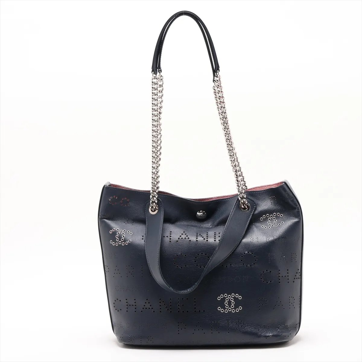 Coco Mark Perforated Leather 2-Way Tote Bag, Navy, Silver Hardware, Item Number 27427171 (Serial Number in the 27s range) — view 2