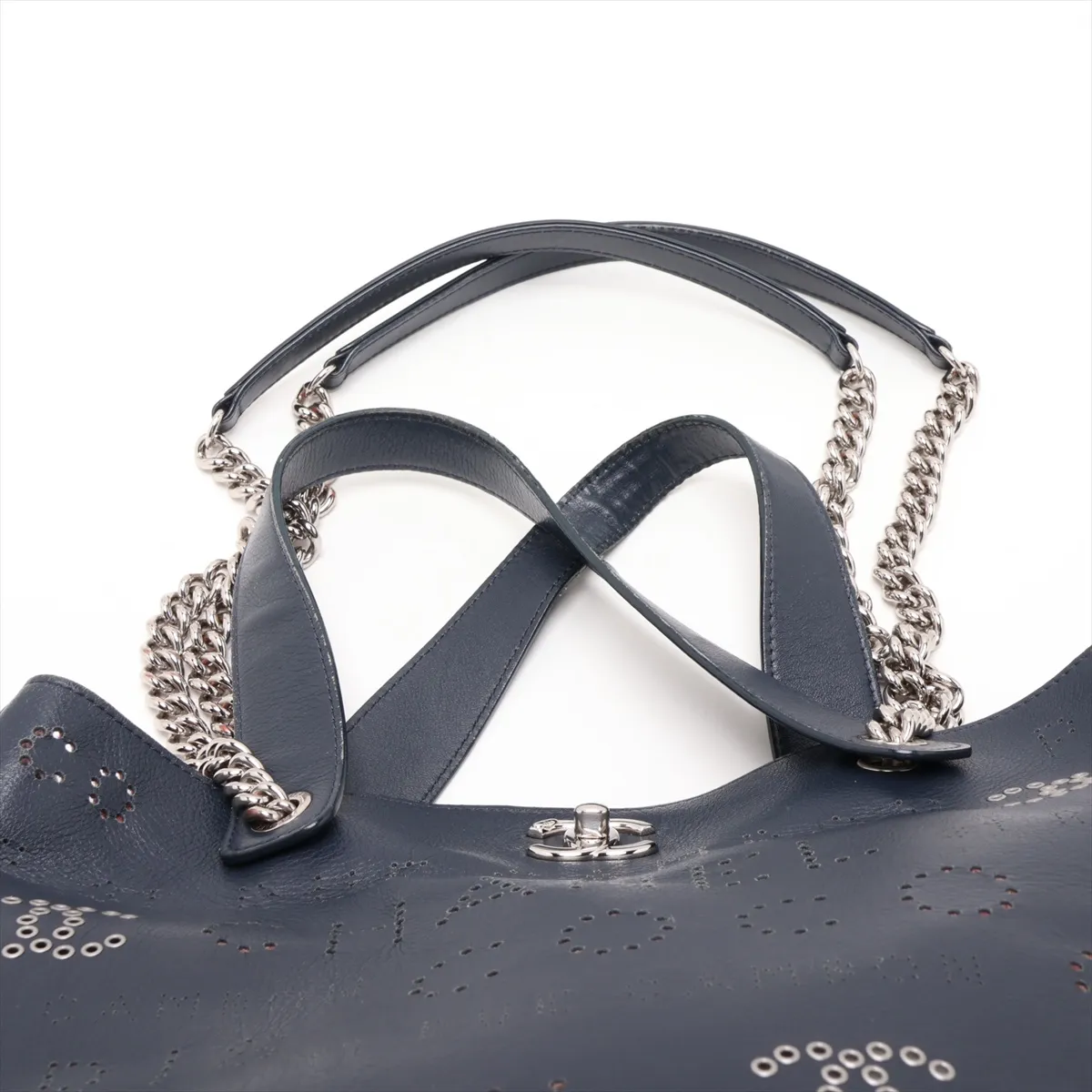 Coco Mark Perforated Leather 2-Way Tote Bag, Navy, Silver Hardware, Item Number 27427171 (Serial Number in the 27s range) — view 6