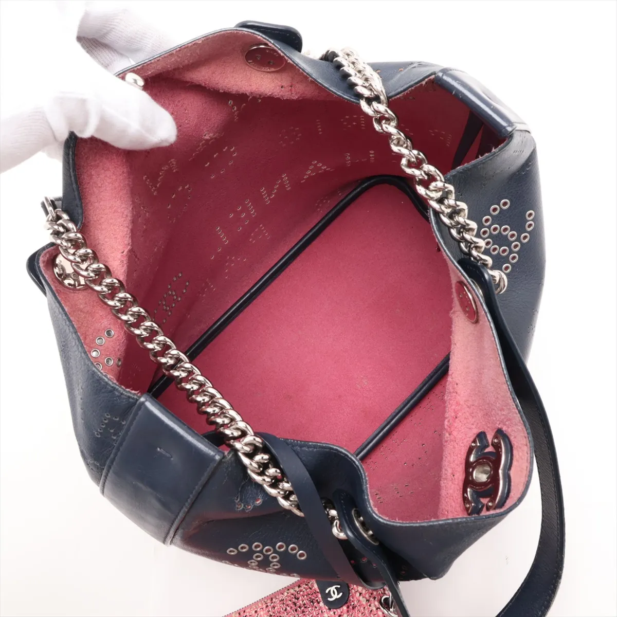 Coco Mark Perforated Leather 2-Way Tote Bag, Navy, Silver Hardware, Item Number 27427171 (Serial Number in the 27s range) — view 7