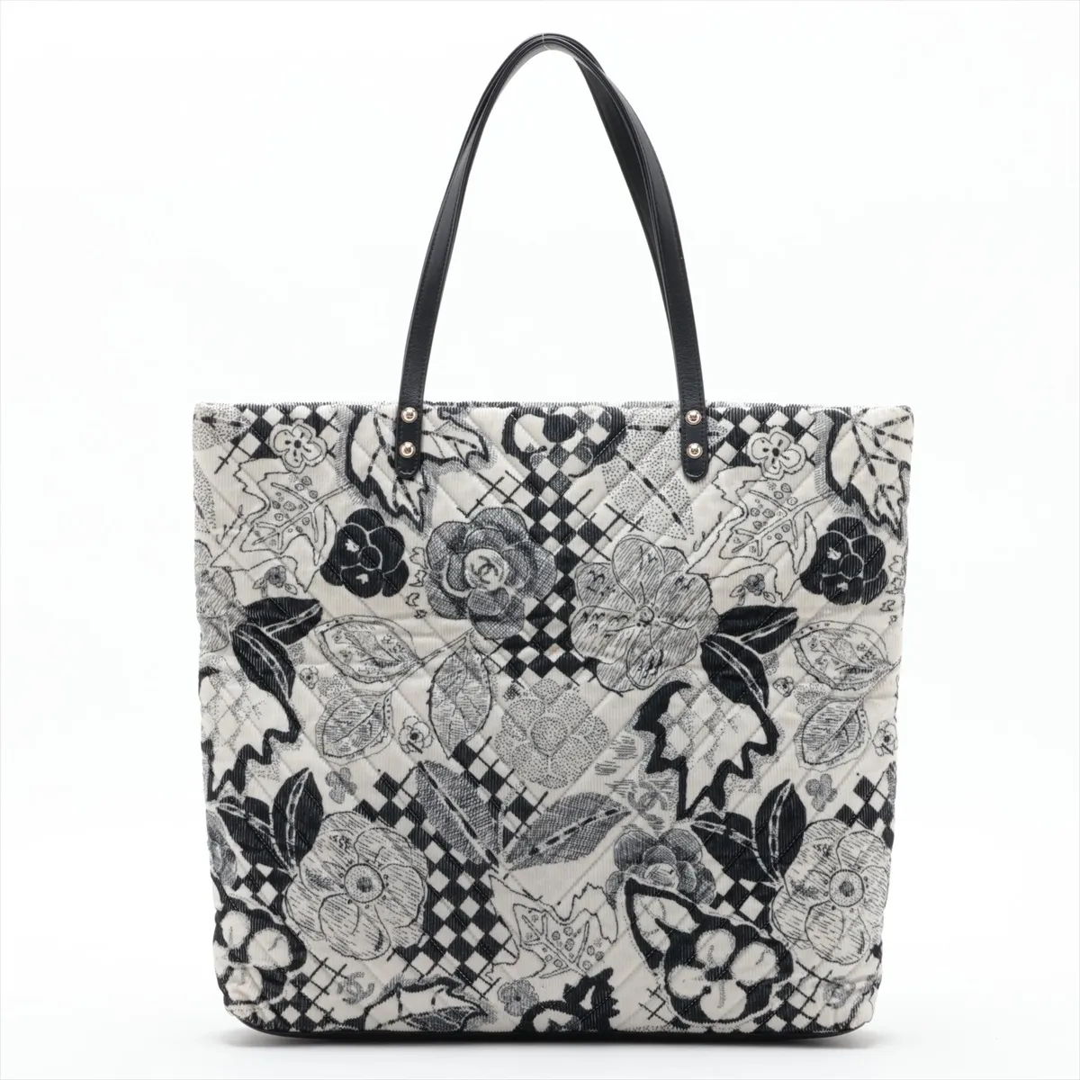 Camellia Corduroy x Leather Tote Bag, White x Black, Gold Hardware, 26718855, Serial Number 26 — view 2