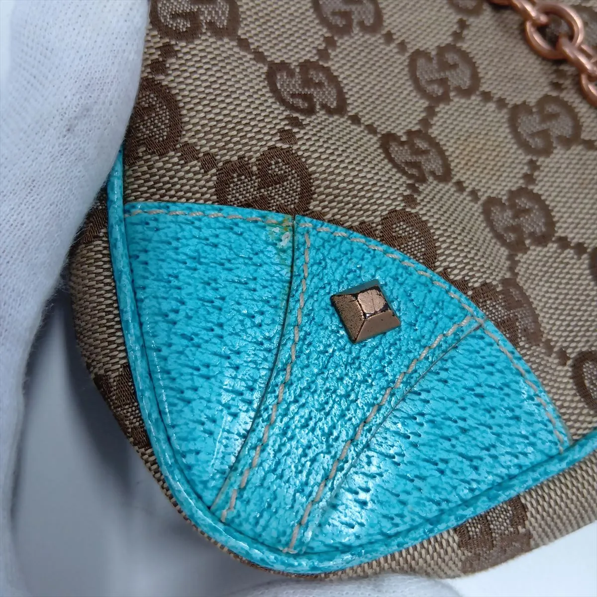 GG Canvas x Leather Chain Shoulder Bag Beige x Blue 120940 — view 11