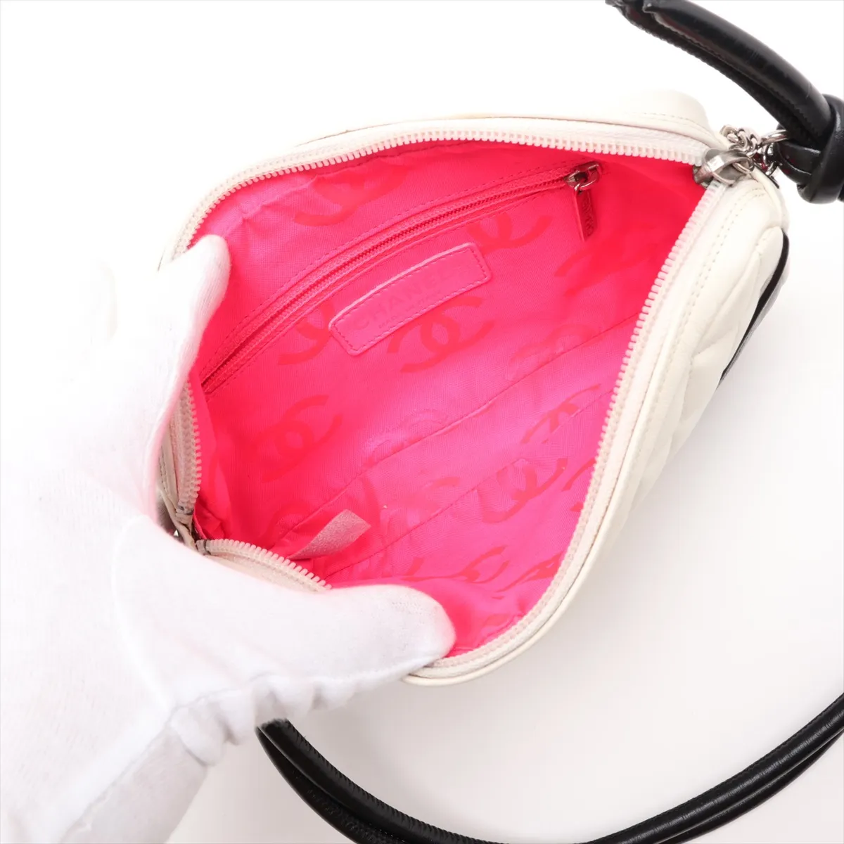 Cambon Line Lambskin Shoulder Bag, White x Black, Silver Hardware, 6970465, Series 6 — view 7