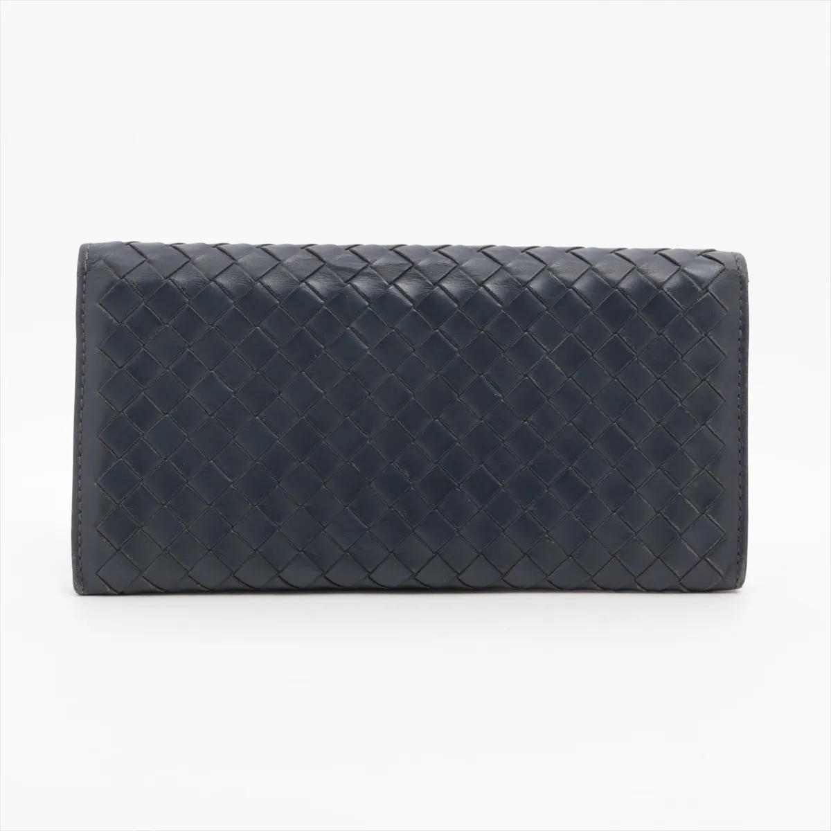 Intrecciato Leather Long Wallet, Navy — view 2