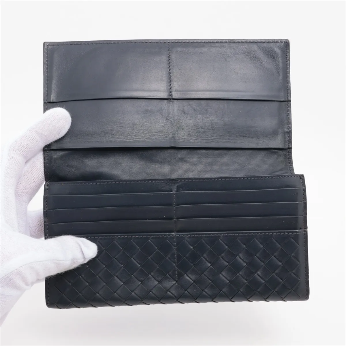 Intrecciato Leather Long Wallet, Navy — view 3
