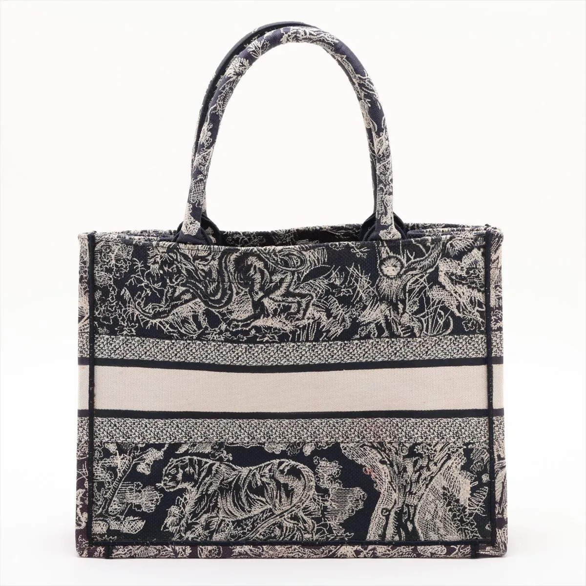 Toile de Jouy Embroidery Book Tote Medium Canvas Tote Bag Navy x Beige — view 2