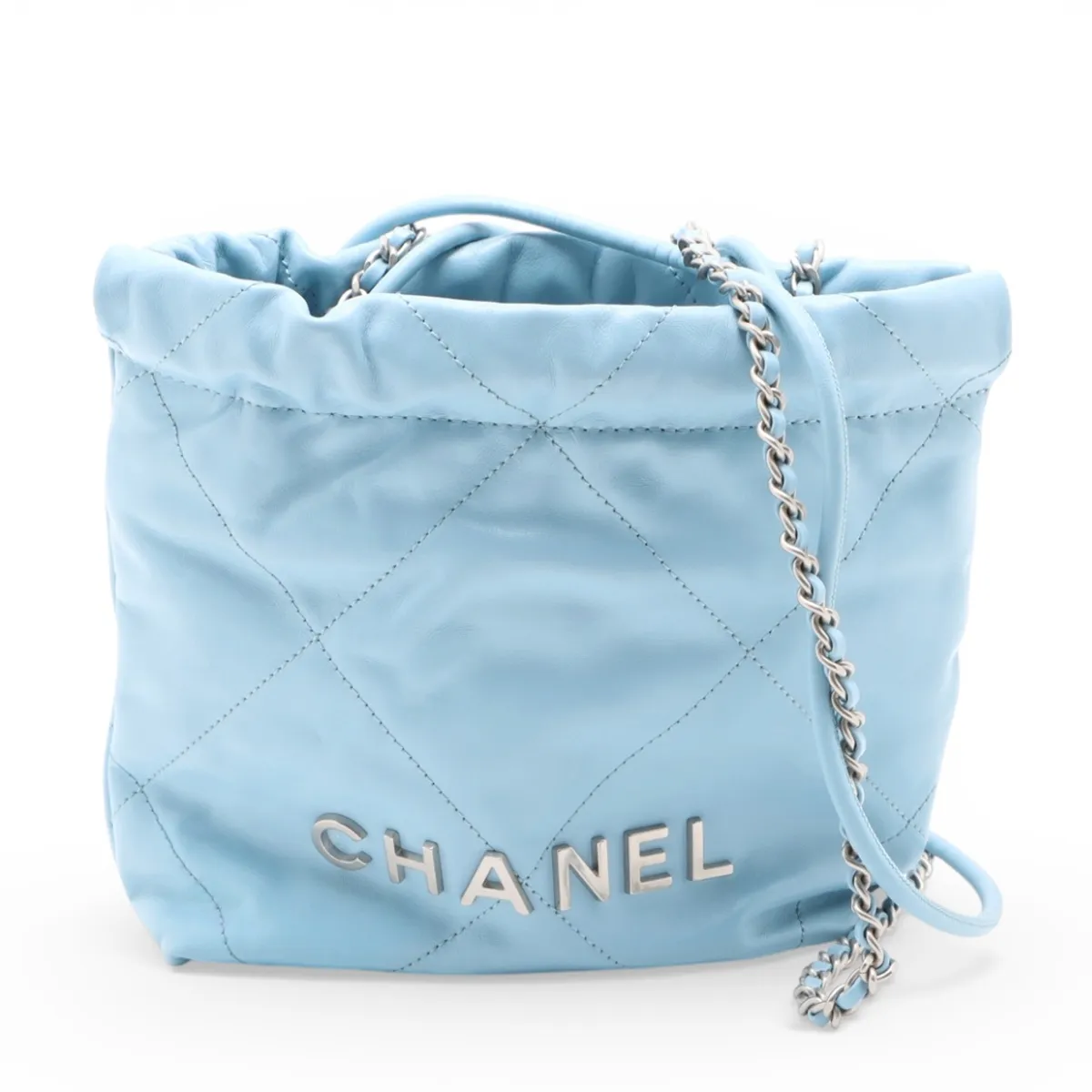22 Mini Shiny Calfskin 2-Way Shoulder Bag Blue Silver Hardware PL4G217A Random Plate