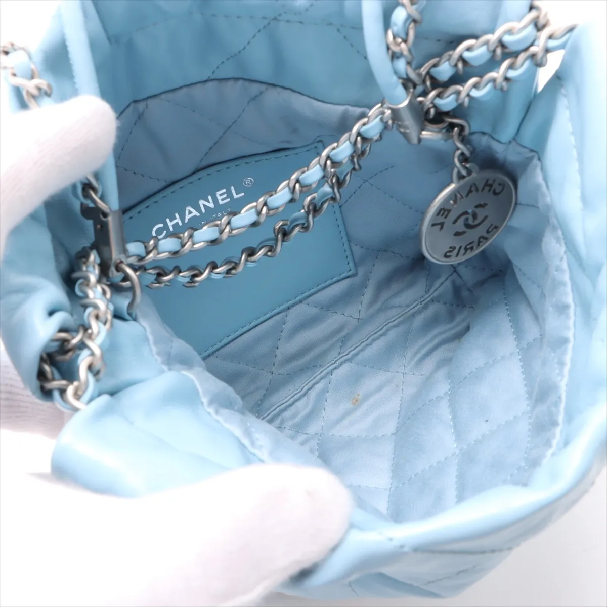 22 Mini Shiny Calfskin 2-Way Shoulder Bag Blue Silver Hardware PL4G217A Random Plate — view 6