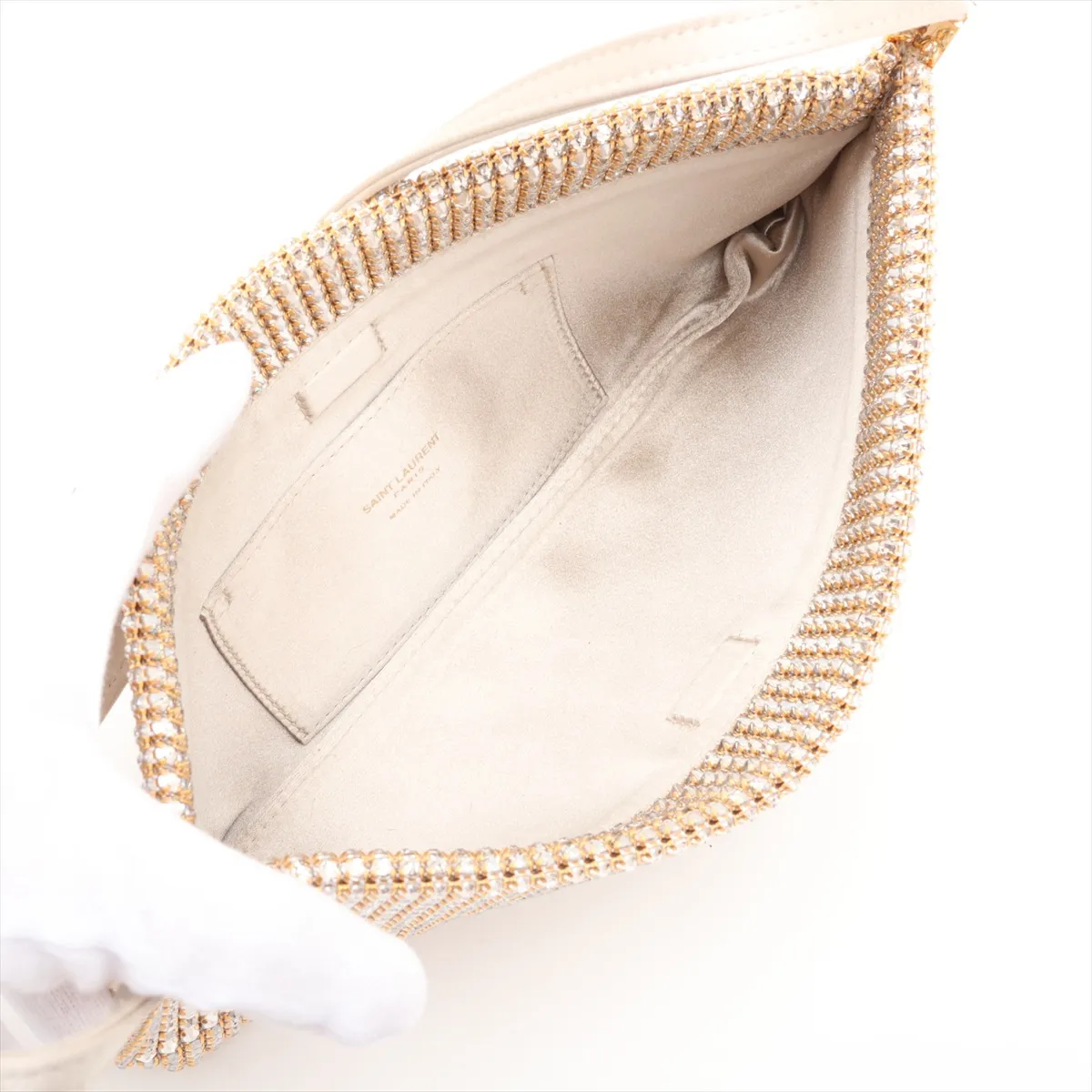 Rhinestone x Satin Shoulder Bag, Gold, 741637 (Part missing) — view 7