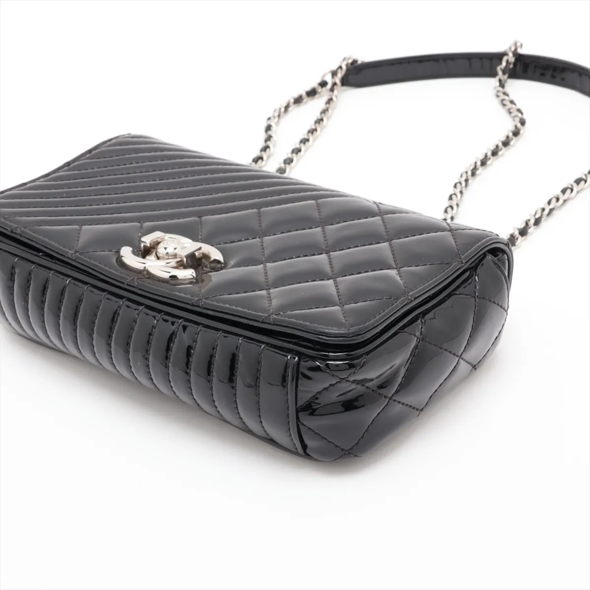 Coco Boy Patent Leather Chain Shoulder Bag, Black with Silver Hardware — view 3