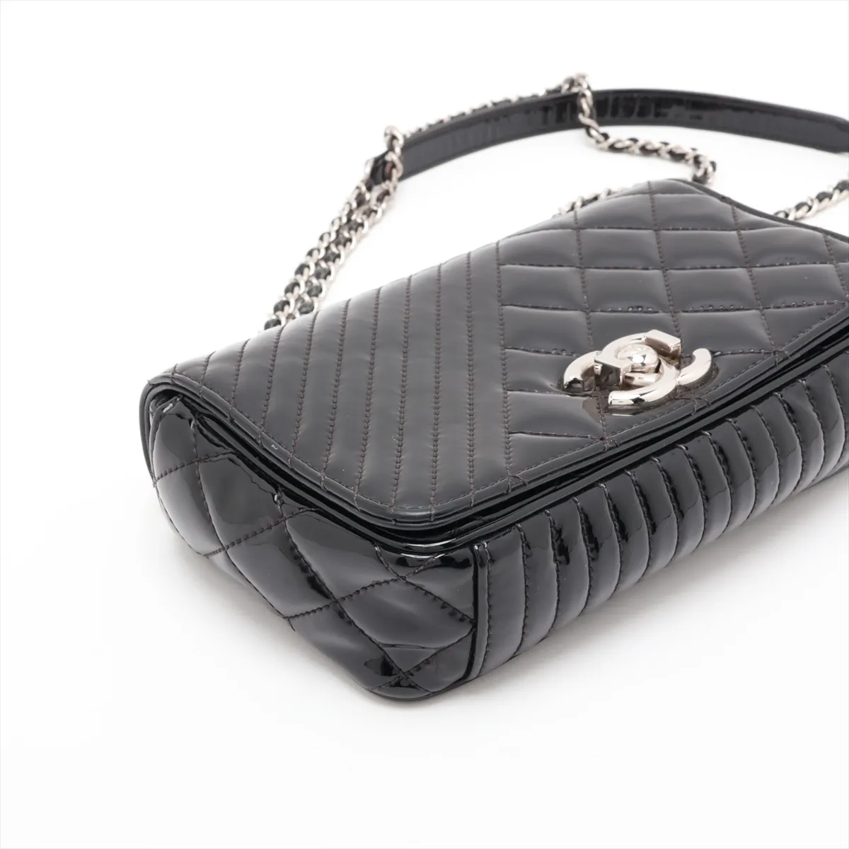 Coco Boy Patent Leather Chain Shoulder Bag, Black with Silver Hardware — view 4