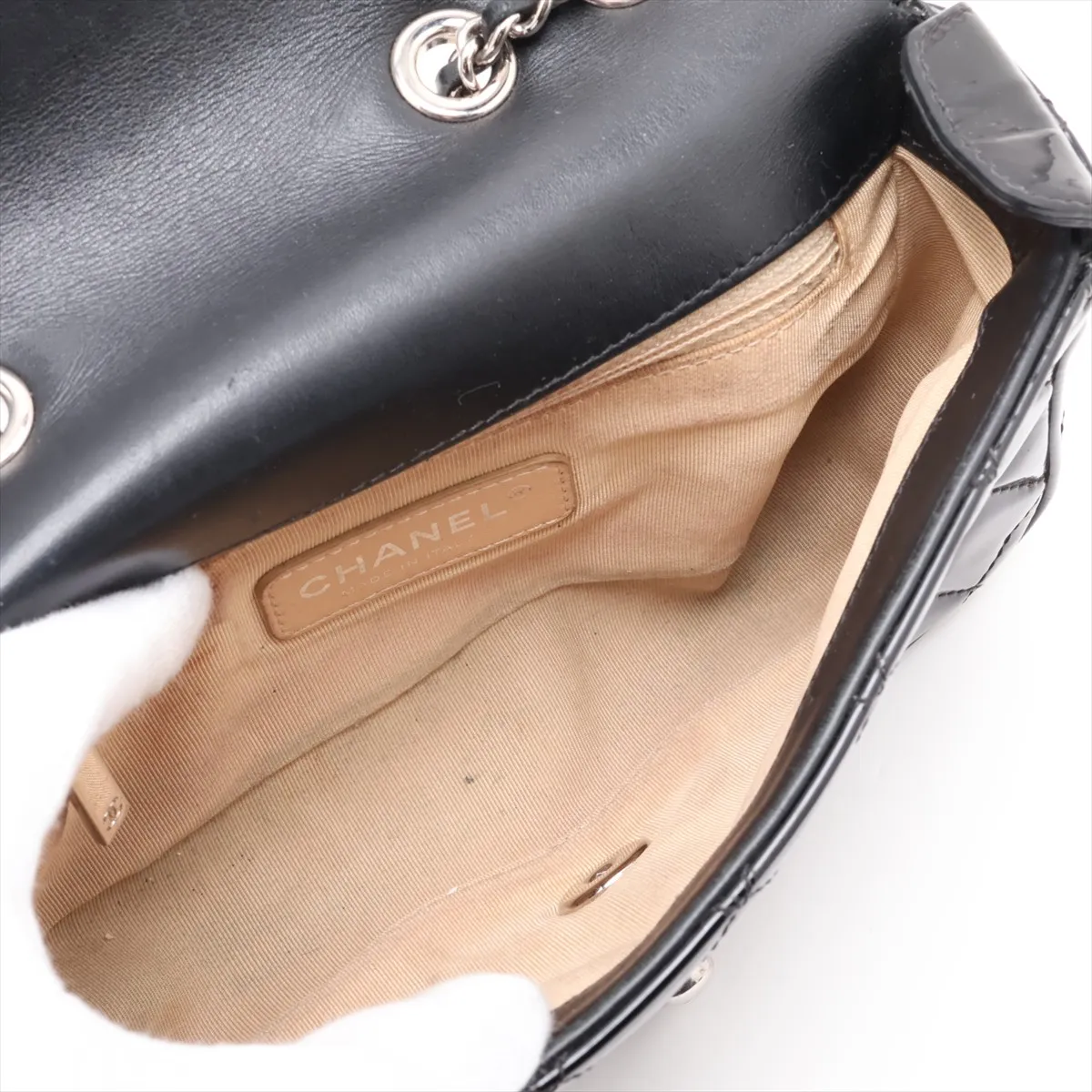 Coco Boy Patent Leather Chain Shoulder Bag, Black with Silver Hardware — view 7