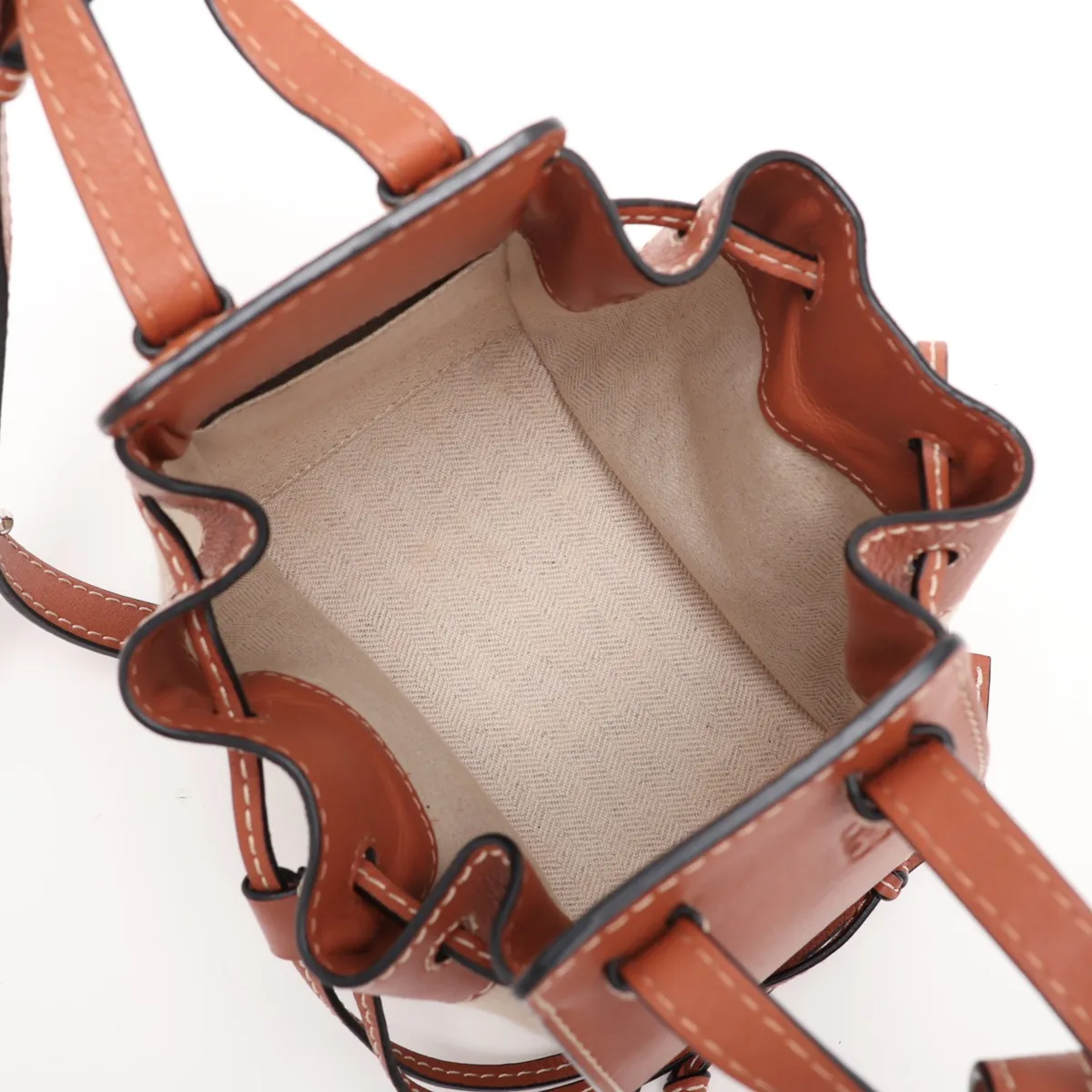 Hammock Drawstring Mini Leather x Canvas 2-Way Handbag, Brown — view 8