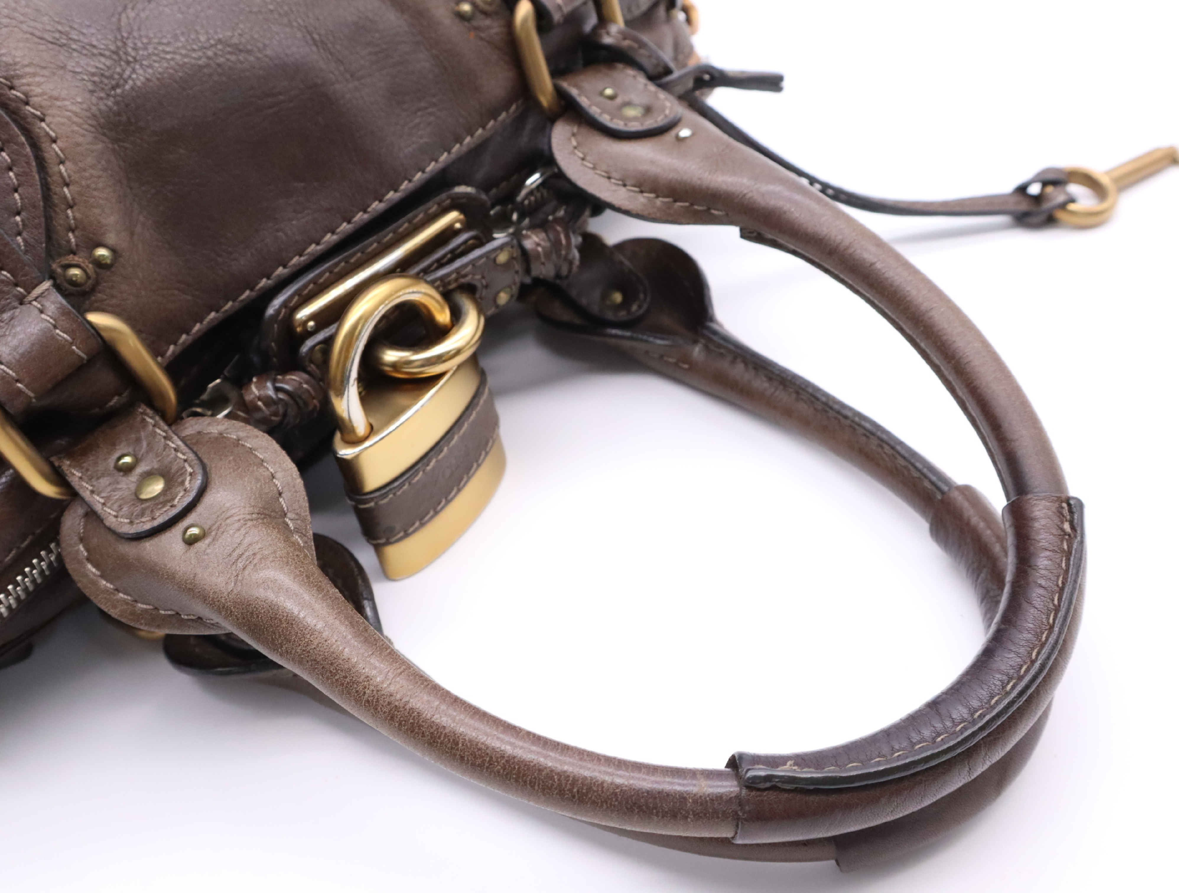 Leather Paddington Handbag, Brown, Gold Hardware, with Padlock, Key, and Dust Bag. — view 11