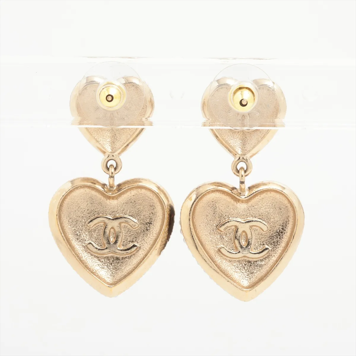 Coco Mark Heart B22B Earrings (Pair) GP x Rhinestone x Faux Pearl Champagne Gold x Black — view 2