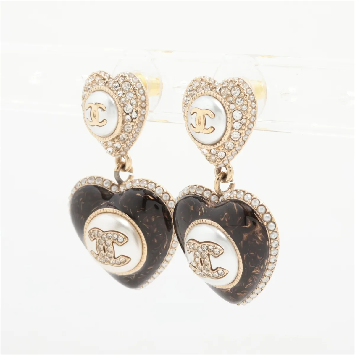 Coco Mark Heart B22B Earrings (Pair) GP x Rhinestone x Faux Pearl Champagne Gold x Black — view 3