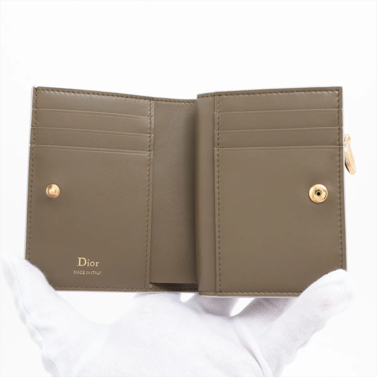 Leather Compact Wallet, Grey x Khaki, Medallion Begonia — view 3