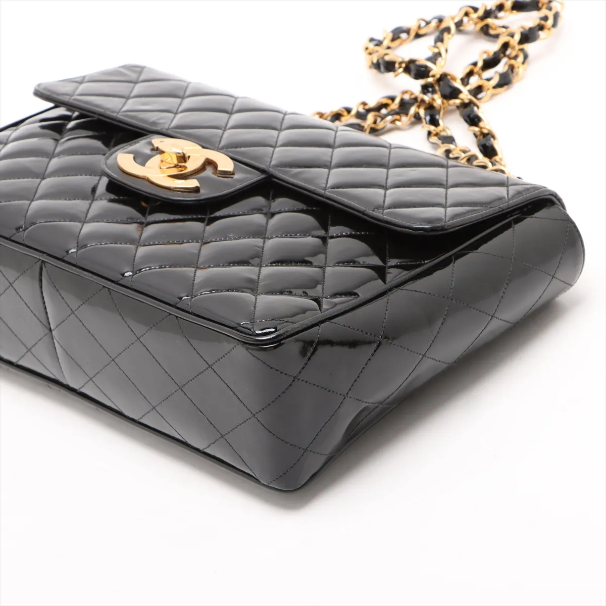Deca Matelasse 30 Large Patent Leather Single Flap Double Chain Bag Black Gold Hardware 3424144 3rd Series A11869 — view 3