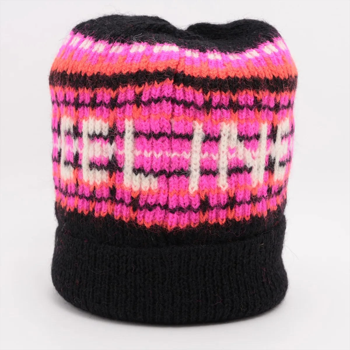 logo knit cap, wool, black x pink. Shows wear, — view 3