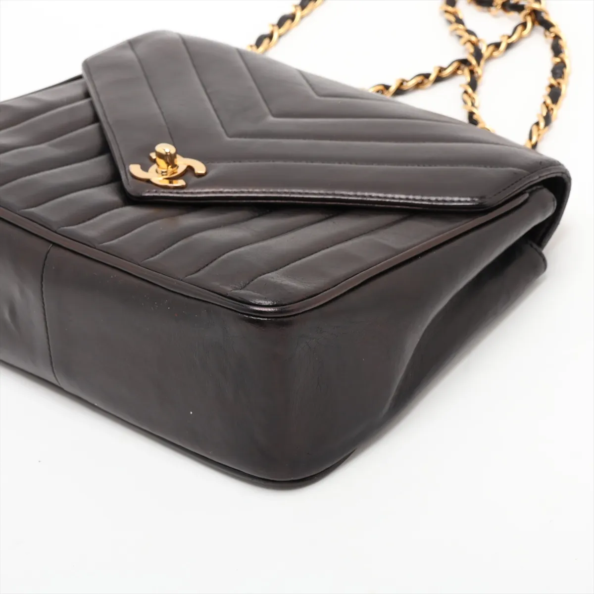 V-stitch lambskin single flap double chain bag, Mademoiselle, black with gold hardware, 2582440, serial number 2. — view 3